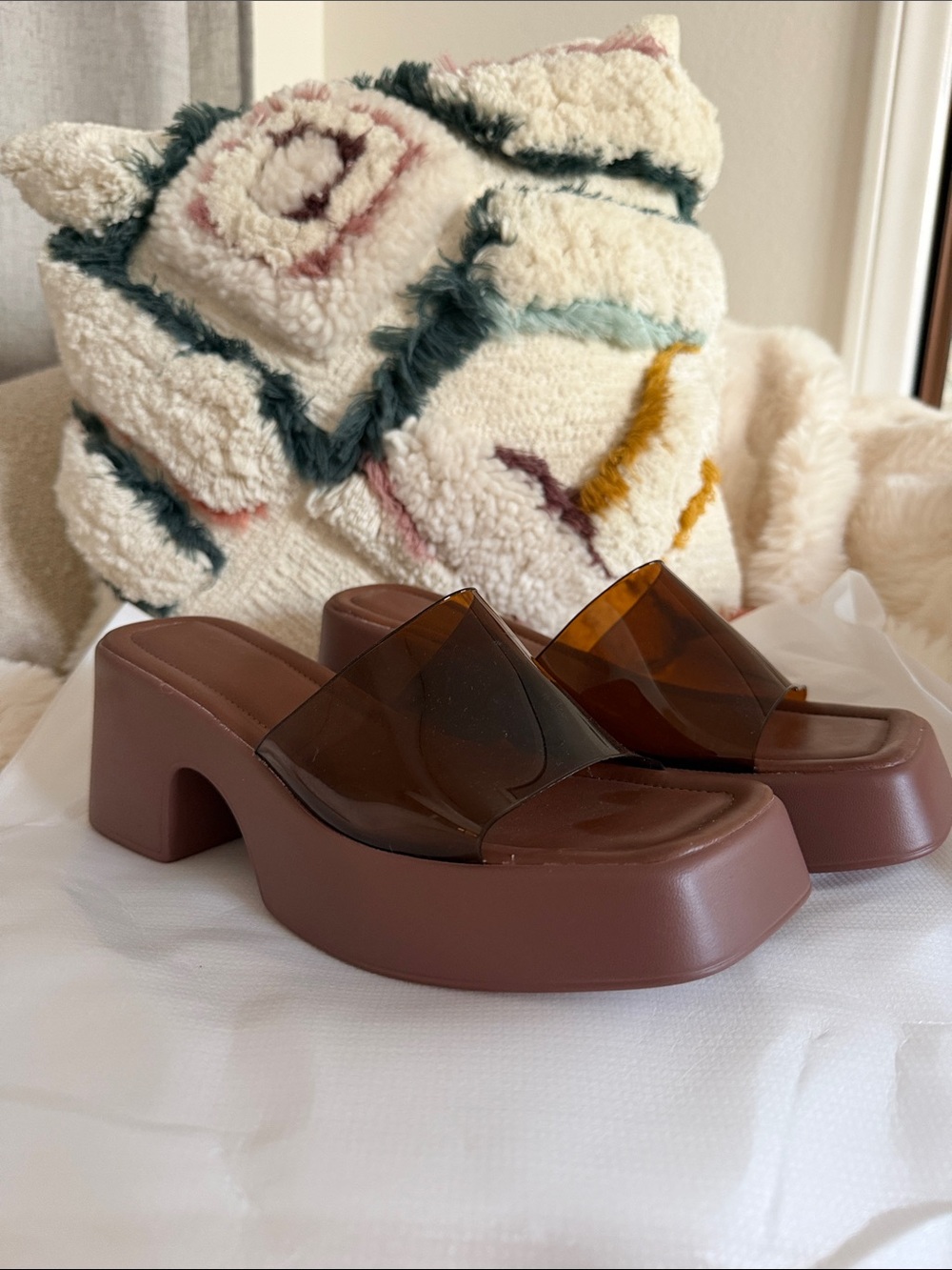Brown Platform Slide Sandals with Tinted Strap